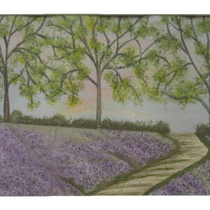 Painting Watercolor Sunset Bluebell Trees Forest Purple Original 11x14 Mat 16x20
